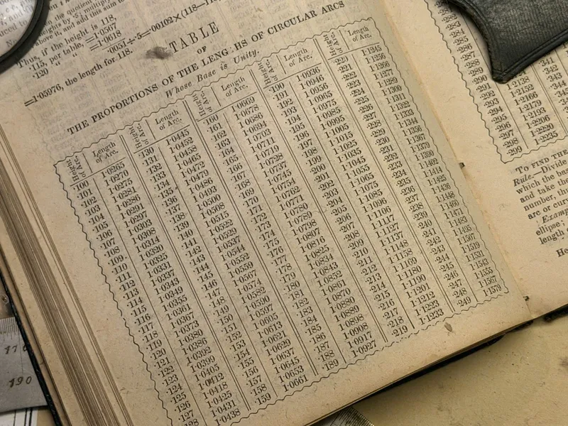 The pocket book up close, open to "The Proportions of the Lengths of Circular Arcs Whose Base Is Unity" — columns of precomputed decimals so a field engineer never had to derive an arc trackside. Cached computation, 1860s edition.