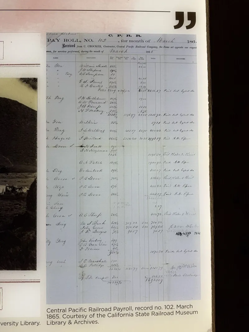 The payroll itself, penciled "China Labour" at the top corner: Pay Roll No. 102, C.P.R.R., received from C. Crocker, Contractor. Gang names down the left in a clerk's looping hand, day counts and totals in ruled columns, and — rare beyond price — a set of Chinese characters near the Sam Sing entry where a worker signed for himself.