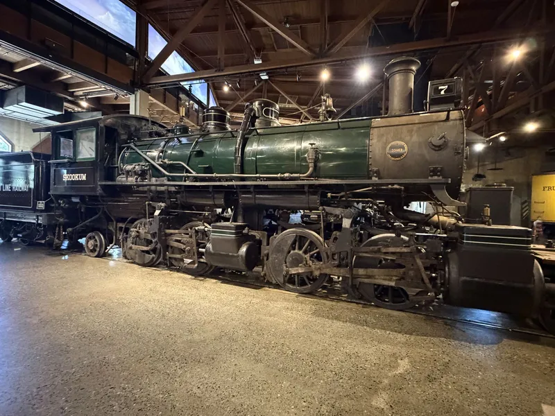 Skookum filling the shed: deep green boiler over two hinged sets of drivers, straight stack, the tender behind lettered for her logging railway. A compact giant built to drag timber around impossible curves.