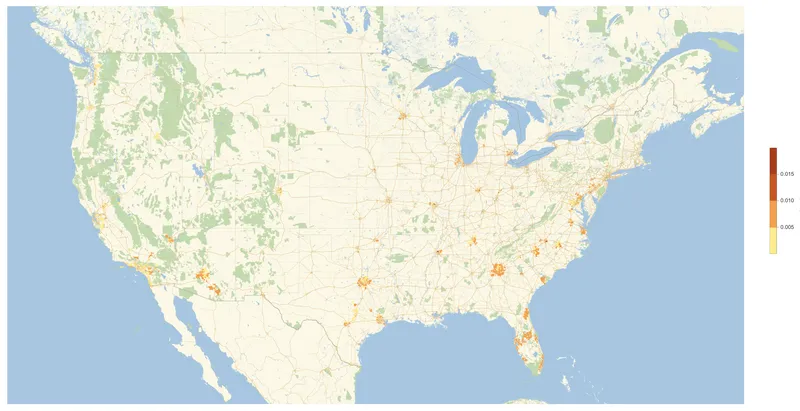 These computations took on the order of 5 minutes to complete and render a single map. We can start to see that the data (probably constrained by the Zillow rental data) mostly fills the urban areas of the U.S. That’s no surprise. We can start zooming into different metro areas to get more detail.
